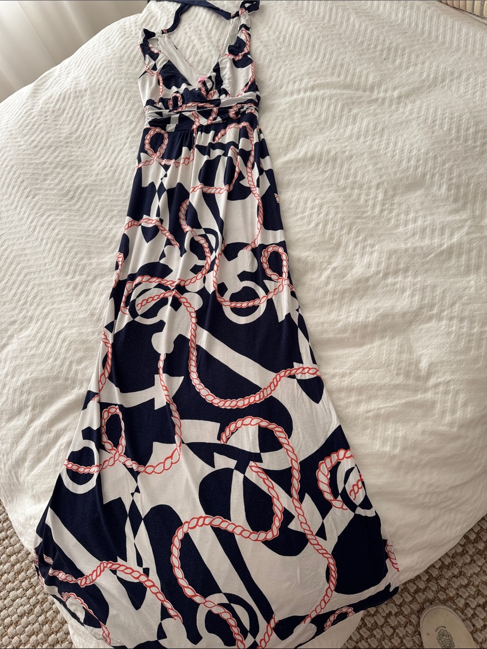 Lilly Pulitzer Navy, White & Coral Rope-Print Maxi Halter Dress